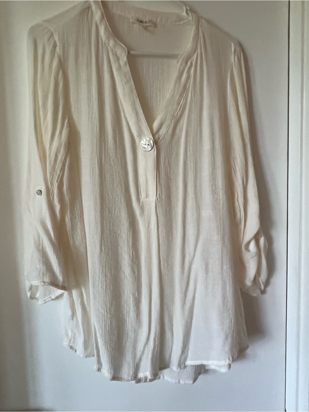 Women's Cream V-Neck Tunic Blouse with Single Button